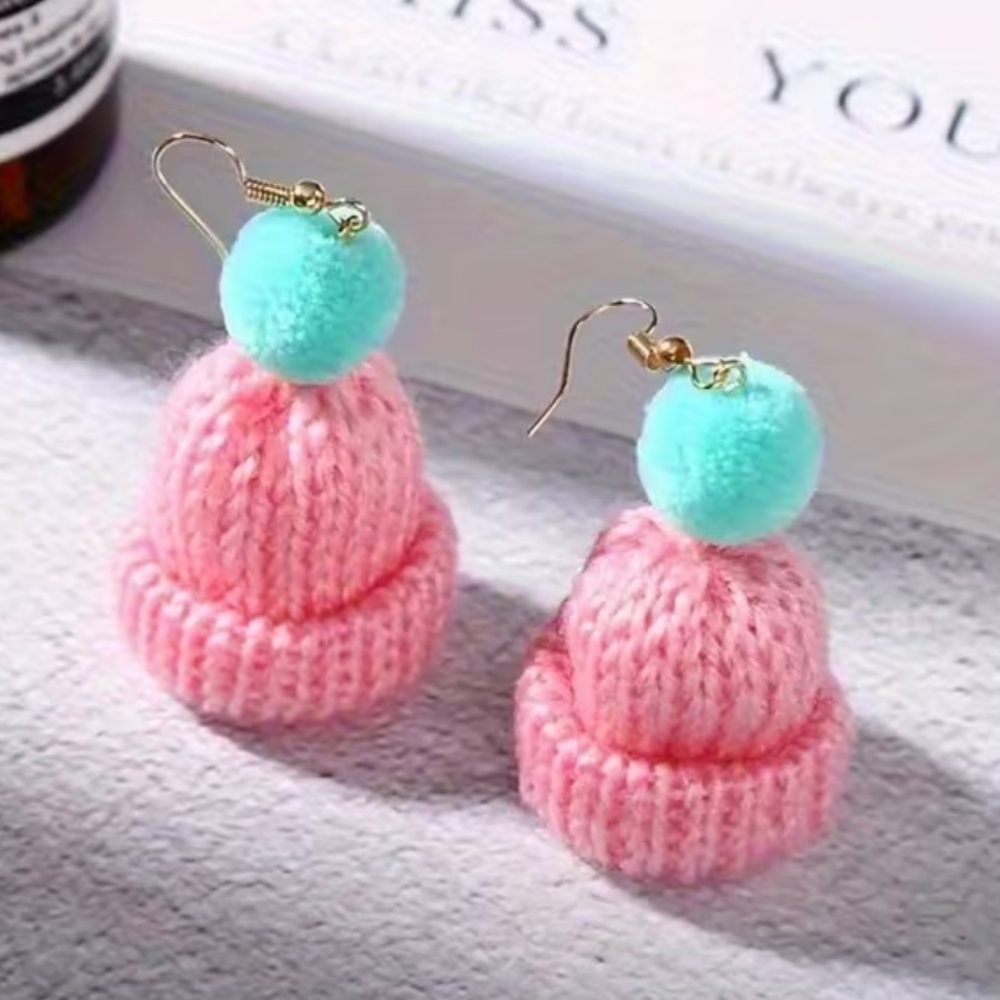 Pink and Blue Pom Pom Knit Earrings